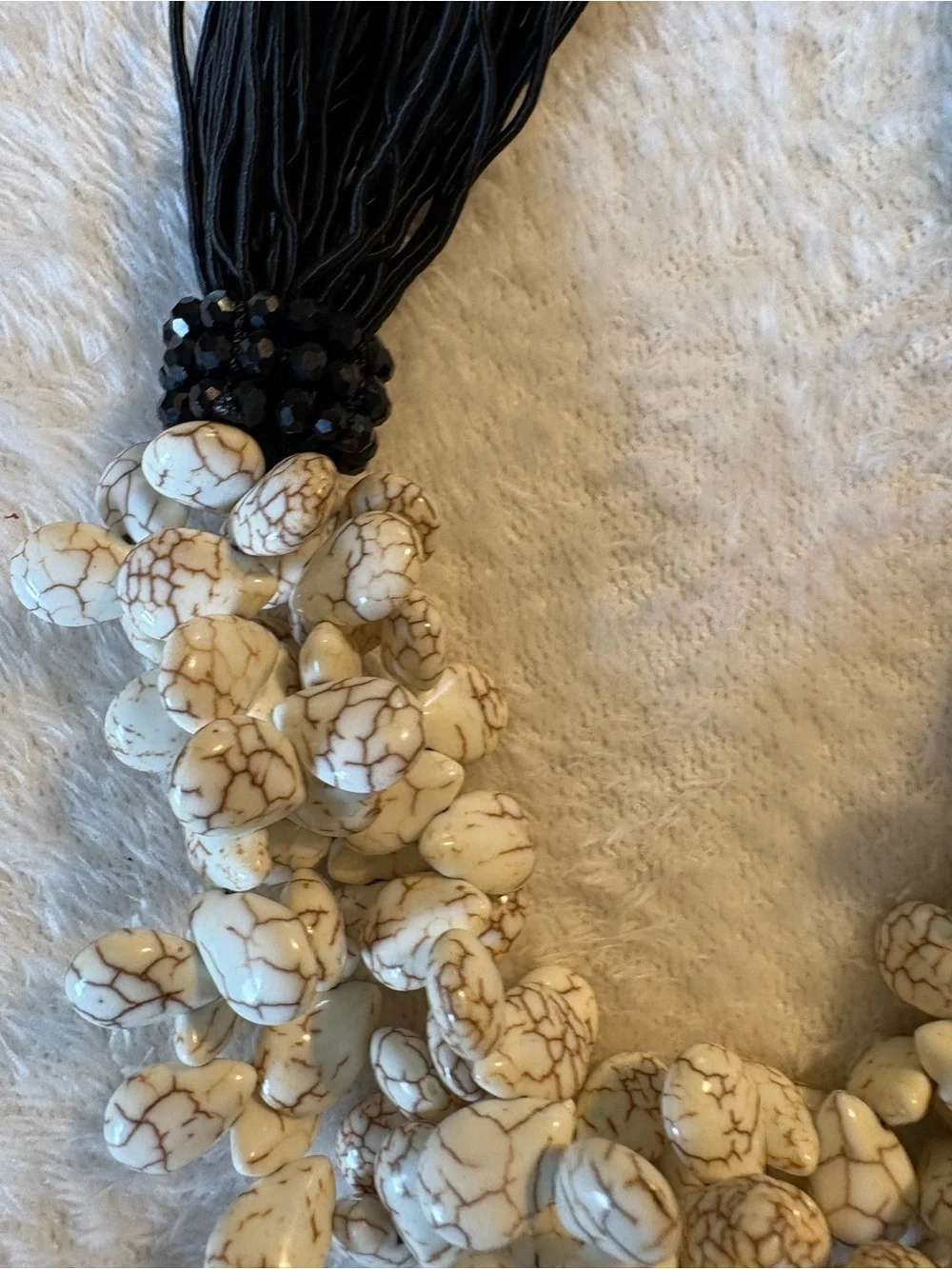 Handcrafted White turquoise and Black silk Beaded Statement Necklace